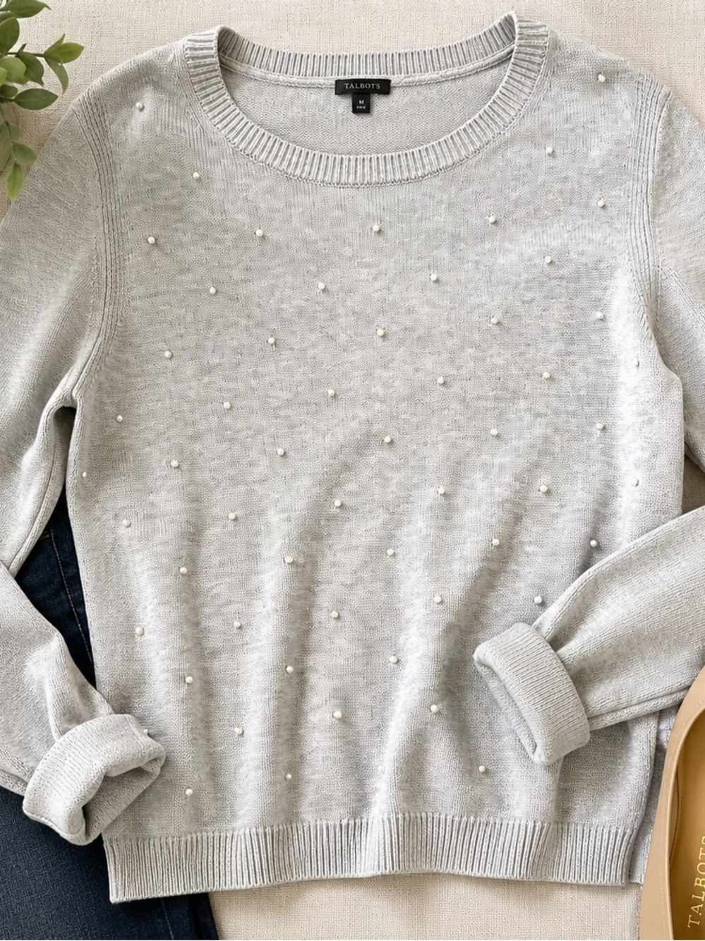 Talbots Gray Pearl Embellished Sweater Size M Cotton Lyocell Crewneck Knit